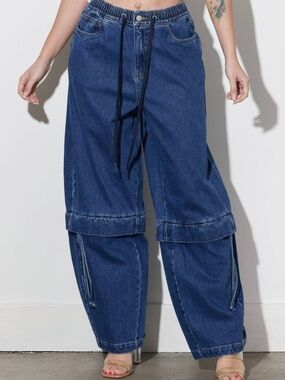 NWT VIBRANT Zip Off Barrel Baggy Jeans with Drawstring Waist Medium Stone Wash